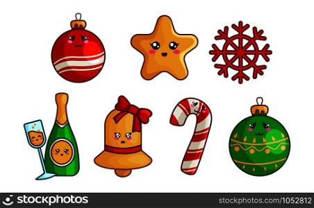 Kawaii Christmas characters and things - set of new year decorations, cute bell, star, green ball, bottle of champagne, candy cane, snowflake - isolated icons on white, vector . vector kawaii Christmas collection