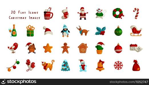 Kawaii Christmas flat icons - big set of new year winter characters and decorations - Santa Claus, calendar, gift box, Christmas tree, gingerbread, wreath, holly, reindeer, sleigh - isolated on white, vector . vector kawaii Christmas collection