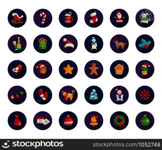 Kawaii Christmas flat icons - big set of new year winter characters and decorations - Santa Claus, calendar, gift box, Christmas tree, gingerbread, wreath, holly, reindeer, sleigh - isolated on white, vector . vector kawaii Christmas collection