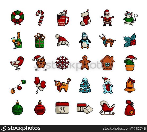 Kawaii Christmas icons - big set of new year winter outline filled signs, symbols - Santa Claus, calendar, gift box, Christmas tree, gingerbread, wreath, holly, reindeer, sleigh - isolated on white, vector . vector kawaii Christmas collection