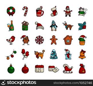 Kawaii Christmas icons - big set of new year winter outline filled signs, symbols - Santa Claus, calendar, gift box, Christmas tree, gingerbread, wreath, holly, reindeer, sleigh - isolated on white, vector . vector kawaii Christmas collection