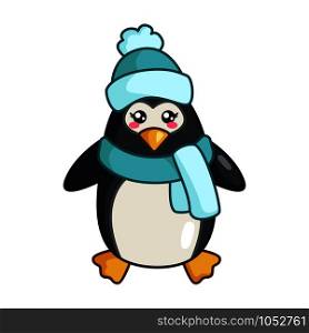 Kawaii Christmas penguin in winter clothes - scarf, hat, cute emoji face character, new year funny happy anymal or polar bird - isolated colored illustration on white, vector. vector kawaii Christmas collection