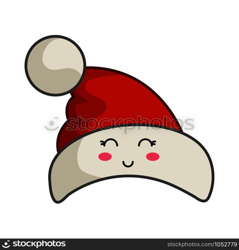 Kawaii Christmas red Santas hat or cap, cute emoji face character, part of festive suit - new year tradition decoration for party - isolated colored icon on white, vector . vector kawaii Christmas collection