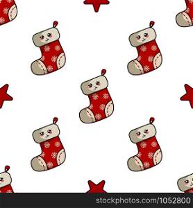 Kawaii Christmas seamless pattern with red funny sock or stoking, star, endless texture for textile, wrapping paper, cute traditional new year decoration - vector. vector kawaii Christmas collection