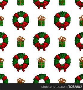 Kawaii Christmas seamless pattern with winter floral wreath and gift box, endless texture for textile, wrapping paper, traditional new year decoration - vector. vector kawaii Christmas collection