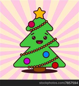 Kawaii Christmas tree with smiling face, star and baubles