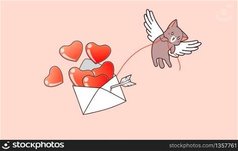 Kawaii Cupid cat is lifting hearts which inside letter