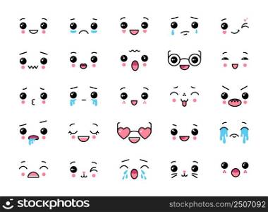 Kawaii cute faces. Anime comic happy funny emotion. Japanese fun emoji elements. Crying and cheerful emoticon. Facial expressions. Winking and smiling kitten. Avatar or chat icons. Vector smileys set. Kawaii cute faces. Anime comic funny emotion. Japanese emoji elements. Crying and cheerful emoticon. Facial expressions. Winking and smiling kitten. Avatar or chat icons. Vector smileys set
