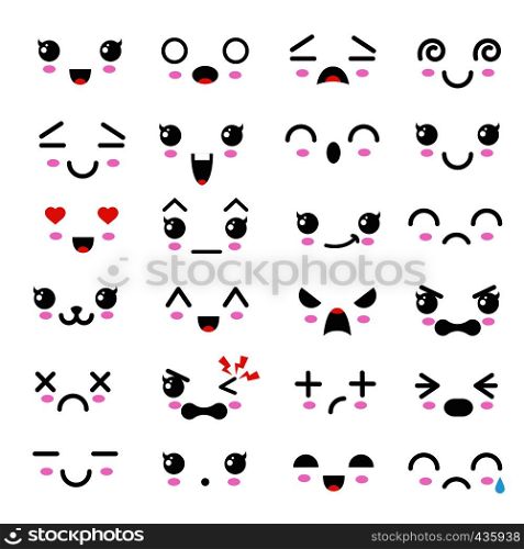 Kawaii cute faces. Manga style eyes and mouths. Funny cartoon japanese emoticon in in different expressions. Expression anime character and emoticon face illustration. Kawaii cute faces. Manga style eyes and mouths. Funny cartoon japanese emoticon in in different expressions