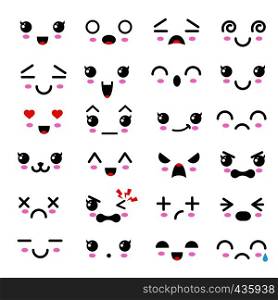Kawaii cute faces. Manga style eyes and mouths. Funny cartoon japanese emoticon in in different expressions. Expression anime character and emoticon face illustration. Kawaii cute faces. Manga style eyes and mouths. Funny cartoon japanese emoticon in in different expressions