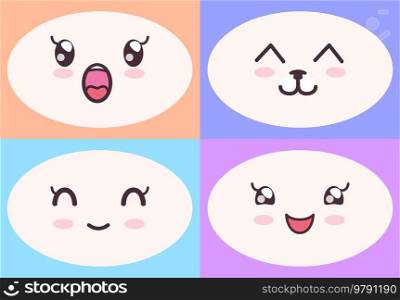 Kawaii cute faces on colorful backgrounds set. Manga style eyes and mouths. Funny cartoon japanese emotion in different face expressions. Anime characters and emotions. Eastern kawaii culture design. Kawaii cute faces on colorful backgrounds set. Manga style eyes and mouths, funny emotions