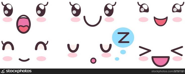 Kawaii cute faces on colorful backgrounds set. Manga style eyes and mouths. Funny cartoon japanese emotion in different face expressions. Anime characters and emotions. Eastern kawaii culture design. Kawaii cute faces on colorful backgrounds set. Manga style eyes and mouths, funny emotions
