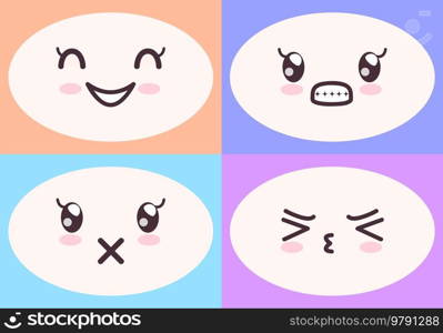 Kawaii cute faces on colorful backgrounds set. Manga style eyes and mouths. Funny cartoon japanese emotion in different face expressions. Anime characters and emotions. Eastern kawaii culture design. Kawaii cute faces on colorful backgrounds set. Manga style eyes and mouths, funny emotions