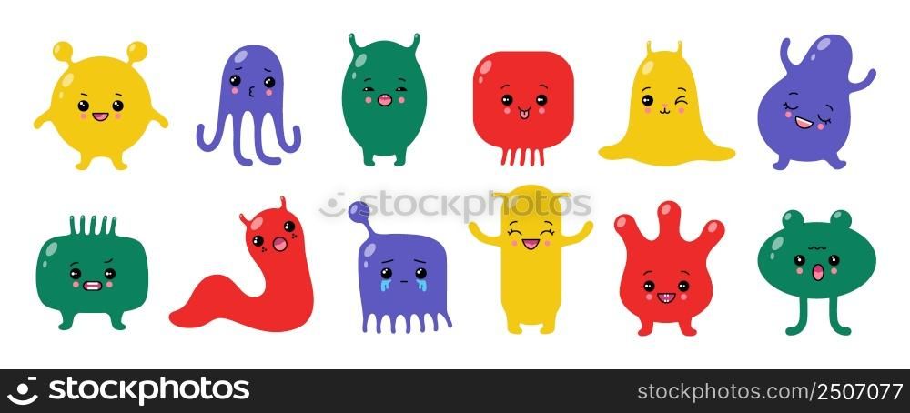 Kawaii cute monsters. Colorful beast characters. Doodle aliens with funny faces. Smiling or crying fantastic mutants. Bizarre animals. Happy and sad emoji. Vector trendy cartoon creature icons set. Kawaii cute monsters. Colorful beast characters. Doodle aliens with funny faces. Smiling or crying fantastic mutants. Happy and sad emoji. Vector cartoon bizarre creature icons set