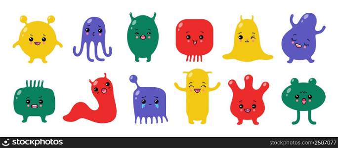 Kawaii cute monsters. Colorful beast characters. Doodle aliens with funny faces. Smiling or crying fantastic mutants. Bizarre animals. Happy and sad emoji. Vector trendy cartoon creature icons set. Kawaii cute monsters. Colorful beast characters. Doodle aliens with funny faces. Smiling or crying fantastic mutants. Happy and sad emoji. Vector cartoon bizarre creature icons set