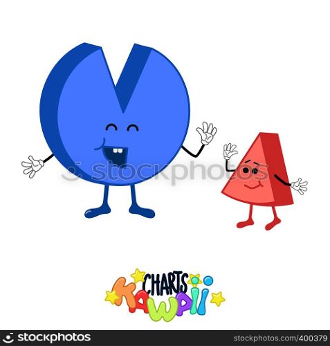 Kawaii cute pie chart characters, two pieces big and small high five each other, vector illustration isolated on white.