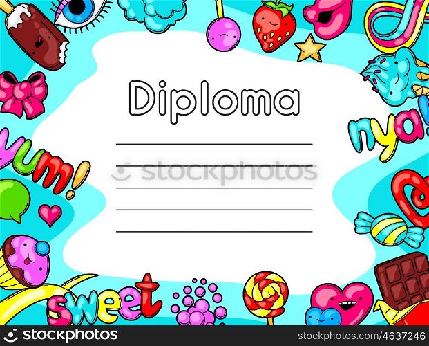 Kawaii diploma with sweets and candies. Crazy sweet-stuff in cartoon style. Kawaii diploma with sweets and candies. Crazy sweet-stuff in cartoon style.