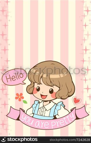 "Kawaii doodle girl character cartoon with Hello speech bubble and flower, heart cute element, white font "You are pretty" on pink ribbon, pink and yellow stripe wallpaper, vector illustrations."