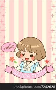 "Kawaii doodle girl character cartoon with Hello speech bubble and flower, heart cute element, white font "You are pretty" on pink ribbon, pink and yellow stripe wallpaper, vector illustrations."