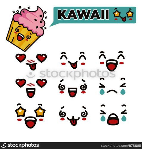 Kawaii emojis set asian japanese smileys poster with cupcake delicious dessert in form of creature. Emoticons showing love and adoration, laugh and happiness, isolated on vector illustration. Kawaii emojis set asian japanese smileys vector illustration
