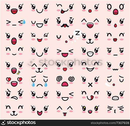 Kawaii emotions, poster with collection of emoticons, anger and love, sadness and happiness, glowing cheeks, vector illustration isolated on pink. Kawaii Emotions Collection Vector Illustration