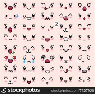 Kawaii emotions, poster with collection of emoticons, anger and love, sadness and happiness, glowing cheeks, vector illustration isolated on pink. Kawaii Emotions Collection Vector Illustration