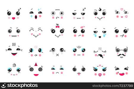 Kawaii faces. Cartoon anime and manga cute emoticons with big black eyes, funny faces with different emotions. Vector cartoons feelings expressions set. Kawaii faces. Cartoon anime and manga cute emoticons with big black eyes, funny faces with different emotions. Vector expressions set