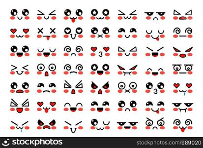 Kawaii faces. Cute cartoon emoticon with different emotions. Funny japanese emoji with eyes and mouth, comic expressions vector characters anime portrait isolated set. Kawaii faces. Cute cartoon emoticon with different emotions. Funny japanese emoji with eyes and mouth, comic expressions vector characters
