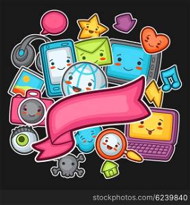 Kawaii gadgets social network background. Doodles with pretty facial expression. Illustration of phone, tablet, globe, camera, laptop, headphones and other.