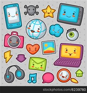 Kawaii gadgets social network items. Doodles with pretty facial expression. Illustration of phone, tablet, globe, camera, laptop, headphones and other.