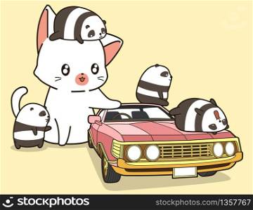 Kawaii giant cat and small pandas with pink car.