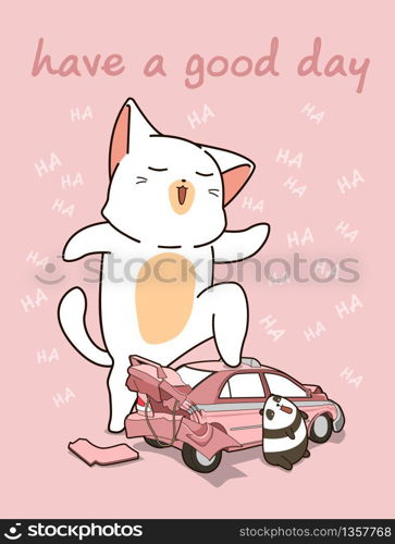 Kawaii giant cat with a broken car