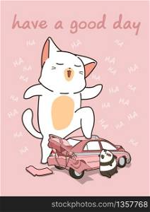 Kawaii giant cat with a broken car