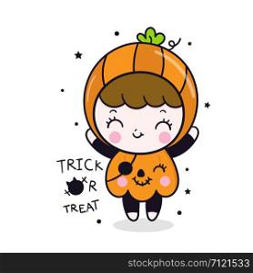 Kawaii Halloween girl vector on pumpkin cartoon with bat, Pretty kids Trick or treat for holiday, Fancy dress: Doodle Nursery decoration, hand drawn cute character. Perfect for child greeting card