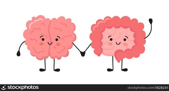 Kawaii happy human brain and funny intestine characters. Hand drawn symbol of the communication between the intestines and the brain. Vector cartoon illustration isolated on white background.. Kawaii happy human brain and funny intestine characters. Hand drawn symbol of the communication between the intestines and the brain. Vector cartoon illustration isolated on white background