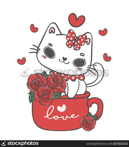 kawaii happy Valentine white kitten cat in mug with rose flowers cartoon doodle