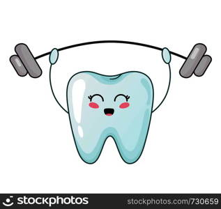 Kawaii health tooth with barbell, cute cartoon character - isolated element, concept of dentistry - teeth treatment, oral hygiene and dental care. Vector flat illustration.. kawaii dental care