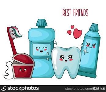 Kawaii healthy tooth and dental floss, toothpaste, brush - best friends of teeth, cute cartoon characters on white, isolated objects. Dentistry and oral hygiene, dental care. Vector flat. kawaii dental care