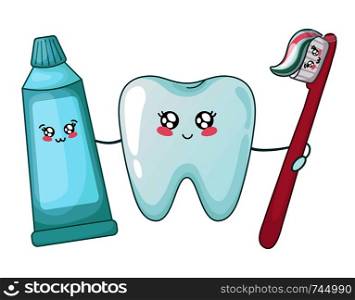 Kawaii healthy tooth and toothpaste and brush - best friends of teeth, cute cartoon characters on white, isolated objects. Dentistry and tooth brushing, oral hygiene, dental care. Vector flat. kawaii dental care