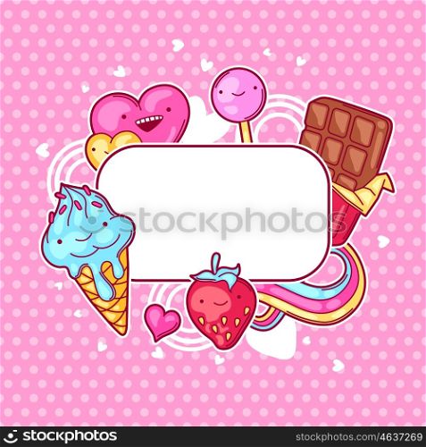 Kawaii heart frame with sweets and candies. Crazy sweet-stuff in cartoon style. Kawaii heart frame with sweets and candies. Crazy sweet-stuff in cartoon style.