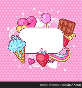 Kawaii heart frame with sweets and candies. Crazy sweet-stuff in cartoon style. Kawaii heart frame with sweets and candies. Crazy sweet-stuff in cartoon style.