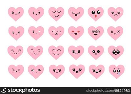Kawaii hearts, a set of cute emoji icons. Hand-drawn emotional cartoon characters. Cute love characters with different faces, funny positive emotions. Kawaii hearts, a set of cute emoji icons. Hand-drawn emotional cartoon characters. Cute love characters with different faces, funny positive emotions.