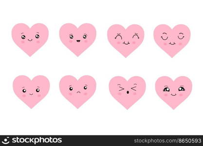 Kawaii hearts, a set of cute emoji icons. Hand-drawn emotional cartoon characters. Cute love characters with different faces, funny positive emotions. Kawaii hearts, a set of cute emoji icons. Hand-drawn emotional cartoon characters. Cute love characters with different faces, funny positive emotions.