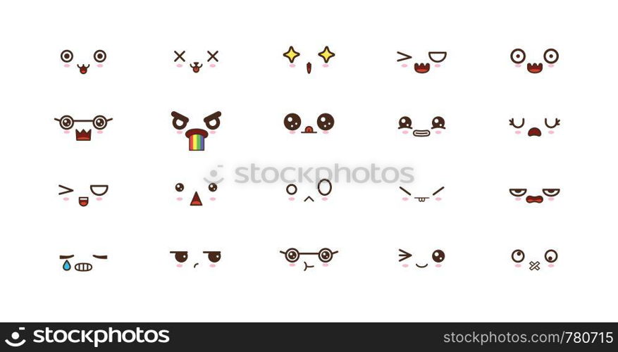 Kawaii icons faces expressions cute smile emoticons. Japanese emoji