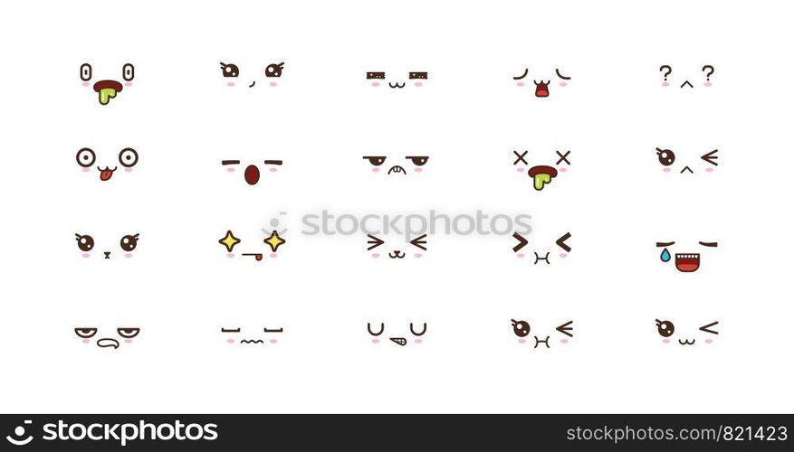 Kawaii icons faces expressions cute smile emoticons. Japanese emoji