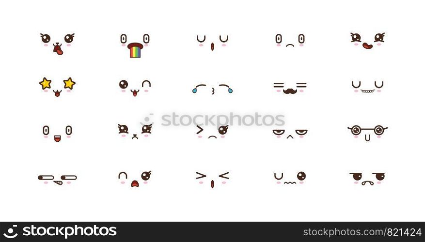 Kawaii icons faces expressions cute smile emoticons. Japanese emoji