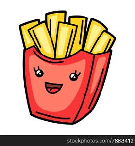 Kawaii illustration of french fry. Cute funny character for fast food.. Kawaii illustration of french fry.