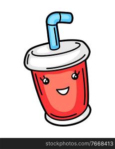 Kawaii illustration of soda or cola in paper cup. Cute funny character for fast food.. Kawaii illustration of soda or cola in paper cup.
