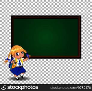 Kawaii little blonde school girl with braids and big blue eyes wearing uniform with backpack standing near blackboard with copy space isolated. Vector back to school or teachers day clip art.. blonde school girl near blackboard with empty copy space clip art