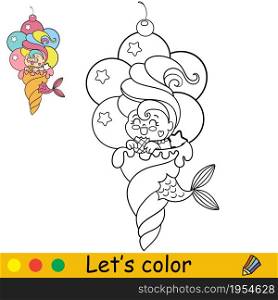 Kawaii little mermaid is sitting in a big ice cream cone and eating a waffle. Coloring page and colorful template for kids education. Vector illustration. For design, t shirt print, patch or sticker.. Vector kawaii mermaid in a big ice cream cone coloring